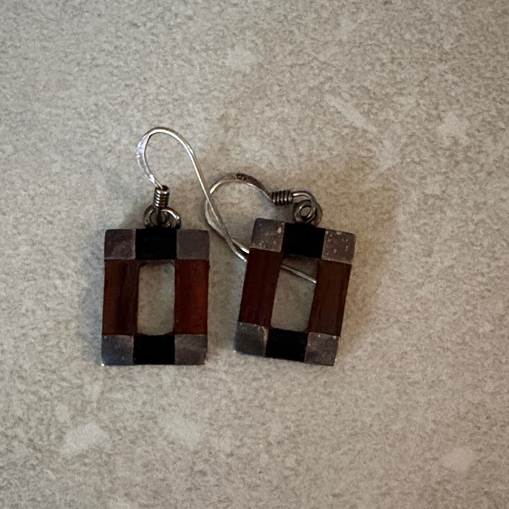 Geometric Silver and Brown Earrings